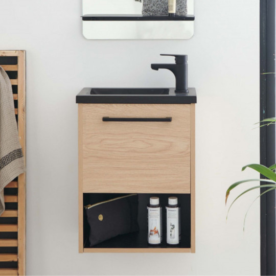 Meuble lave-mains décor chêne intérieur noir vasque noire NIKA