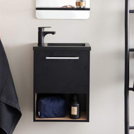 Meuble lave-mains noir intérieur décor chêne vasque noire NIKA
