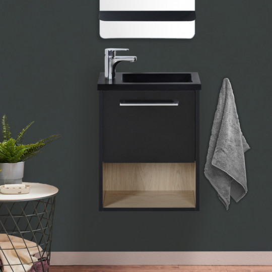 Meuble lave-mains noir extérieur décor chêne intérieur vasque noire NIKA avec robinet chromé
