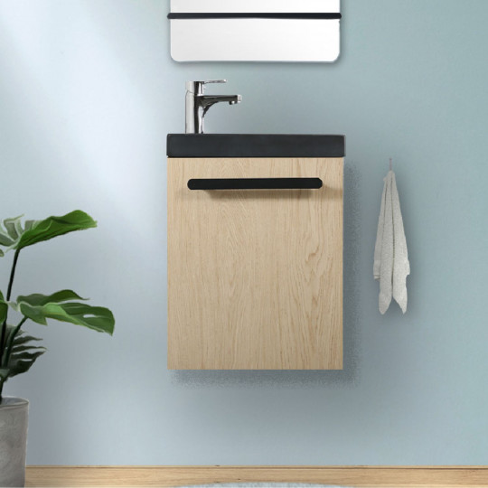Meuble lave-mains décor chêne vasque noire NEVADA avec robinet chromé