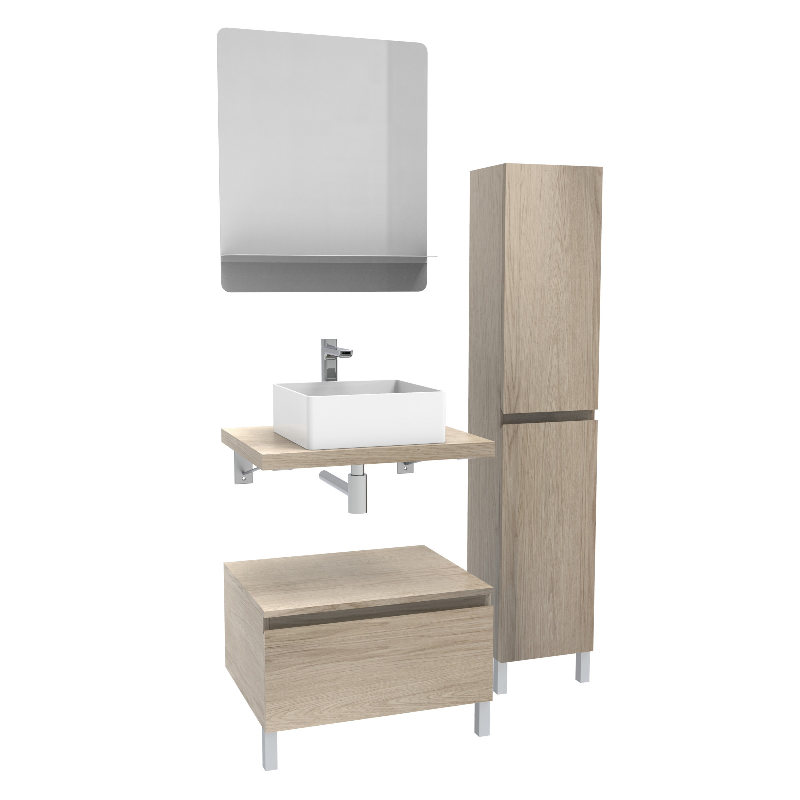 Meuble de Salle de Bain WILL - Plan suspendu 60 cm + Vasque + Miroir + Colonne + Equerres + Pieds