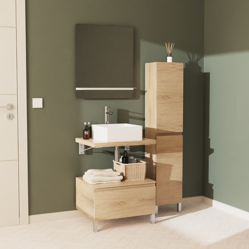 Meuble de Salle de Bain WILL - Plan suspendu 60 cm + Vasque + Miroir + Colonne + Equerres + Pieds