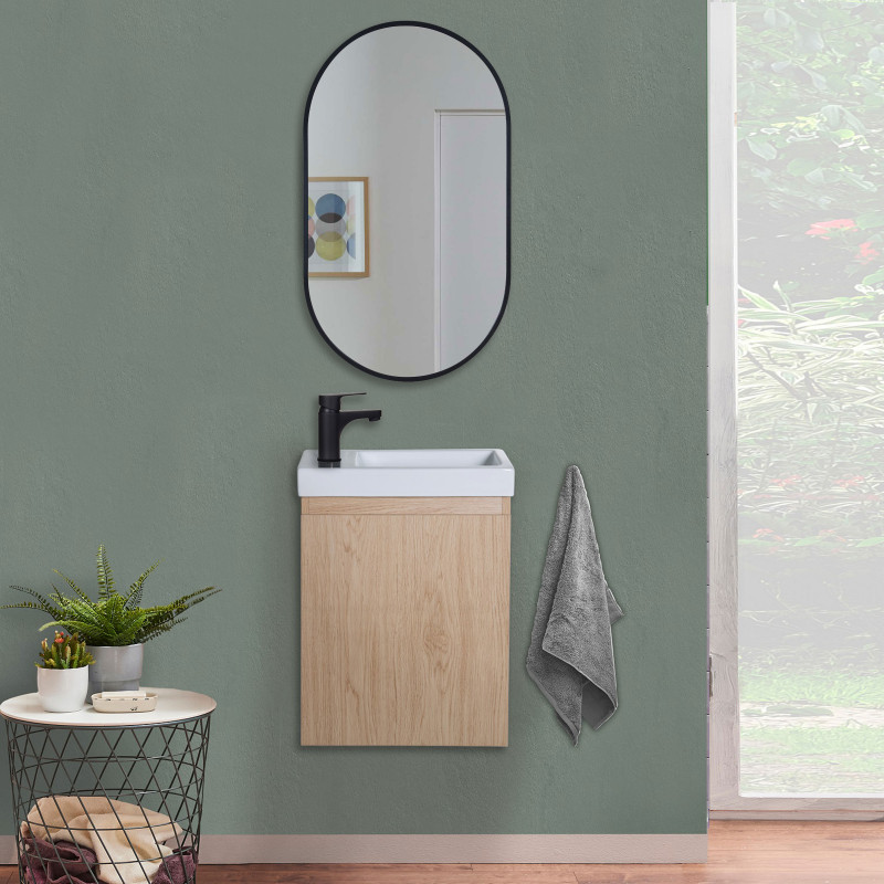 Ensemble meuble lave-mains LISA décor chêne avec miroir ovale