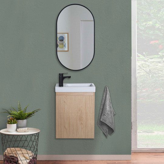 Ensemble meubles lave-mains LISA décor chêne + miroir ovale + robinet