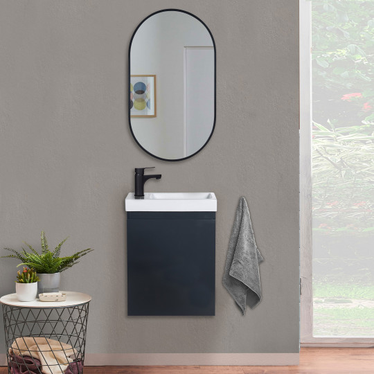 Ensemble meuble lave-mains LISA gris avec miroir ovale
