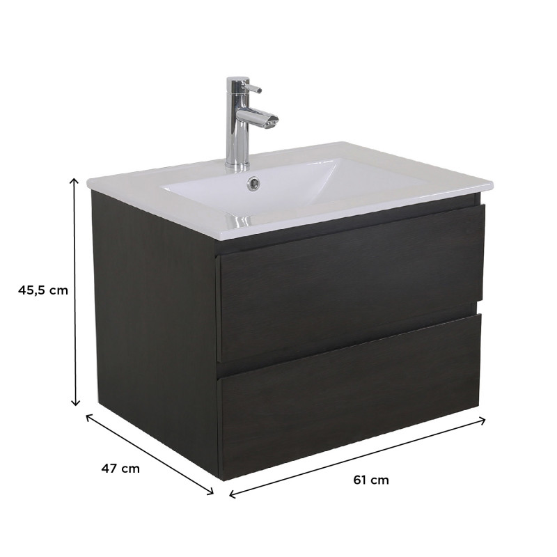 Ensemble meuble simple vasque décor chêne carbone 60cm + vasque + robinet