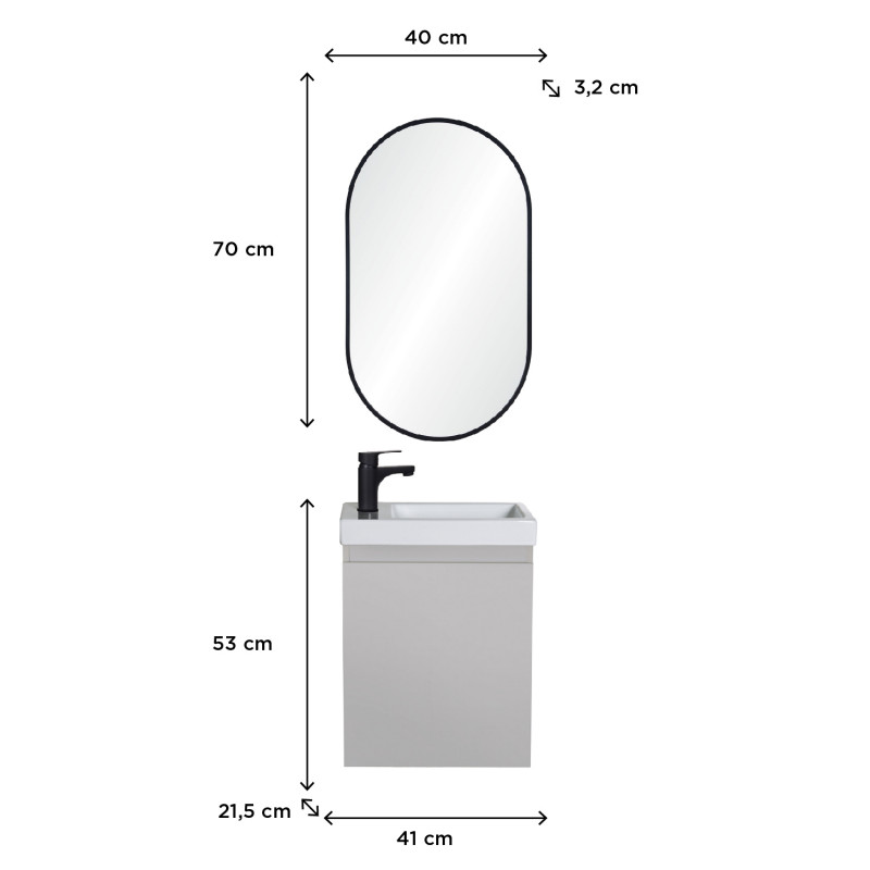Ensemble meubles lave-mains LISA gris sable + miroir ovale + robinet