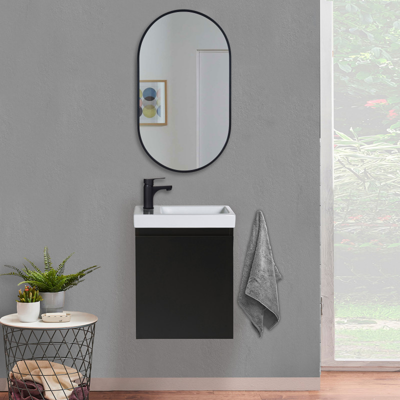 Ensemble meubles lave-mains LISA noir carbone + miroir ovale + robinet
