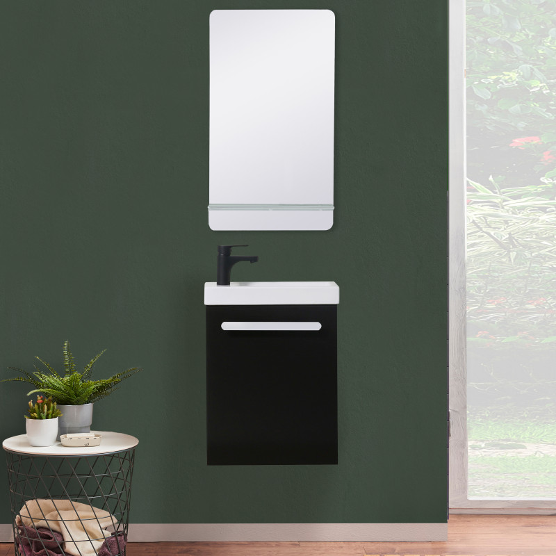 Meuble lave-mains noir carbone NEVADA avec robinet noir et miroir tablette blanche