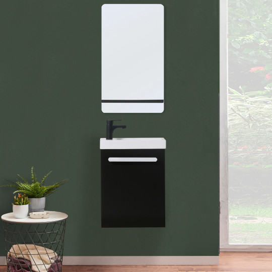 Meuble lave-mains noir carbone NEVADA avec robinet noir et miroir tablette noire