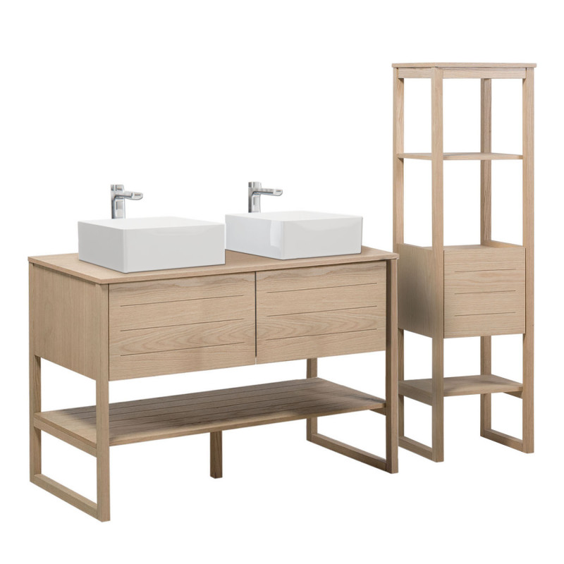 Meuble de Salle De Bain Chêne 120 cm + Colonne de rangement Chêne 145 cm ATOLL + 2 Vasques carrées