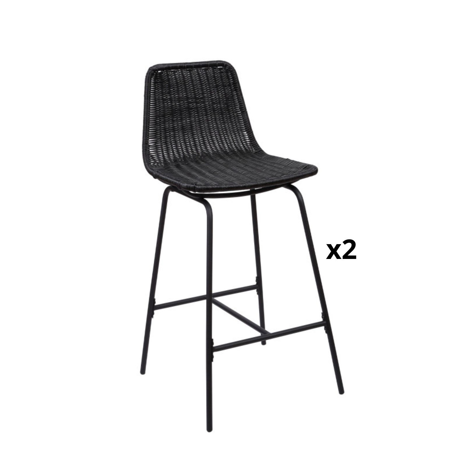 Lot de 2 tabourets de bar en métal et rotin noir 65 cm KUTA
