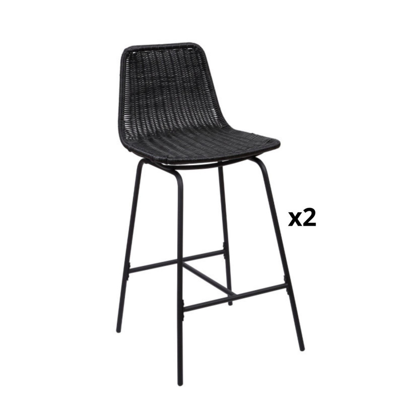 Lot de 2 tabourets de bar en métal et rotin noir 65 cm KUTA