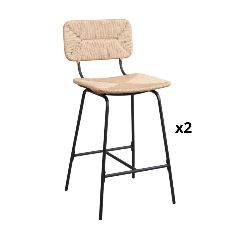 Lot de 2 tabourets de bar en métal et corde tressée 65 cm TIDRA