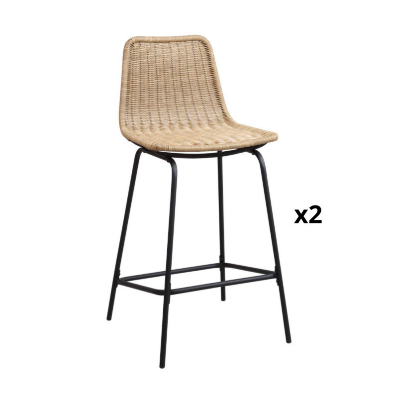 Lot de 2 tabourets de bar en métal et rotin 65 cm BALI