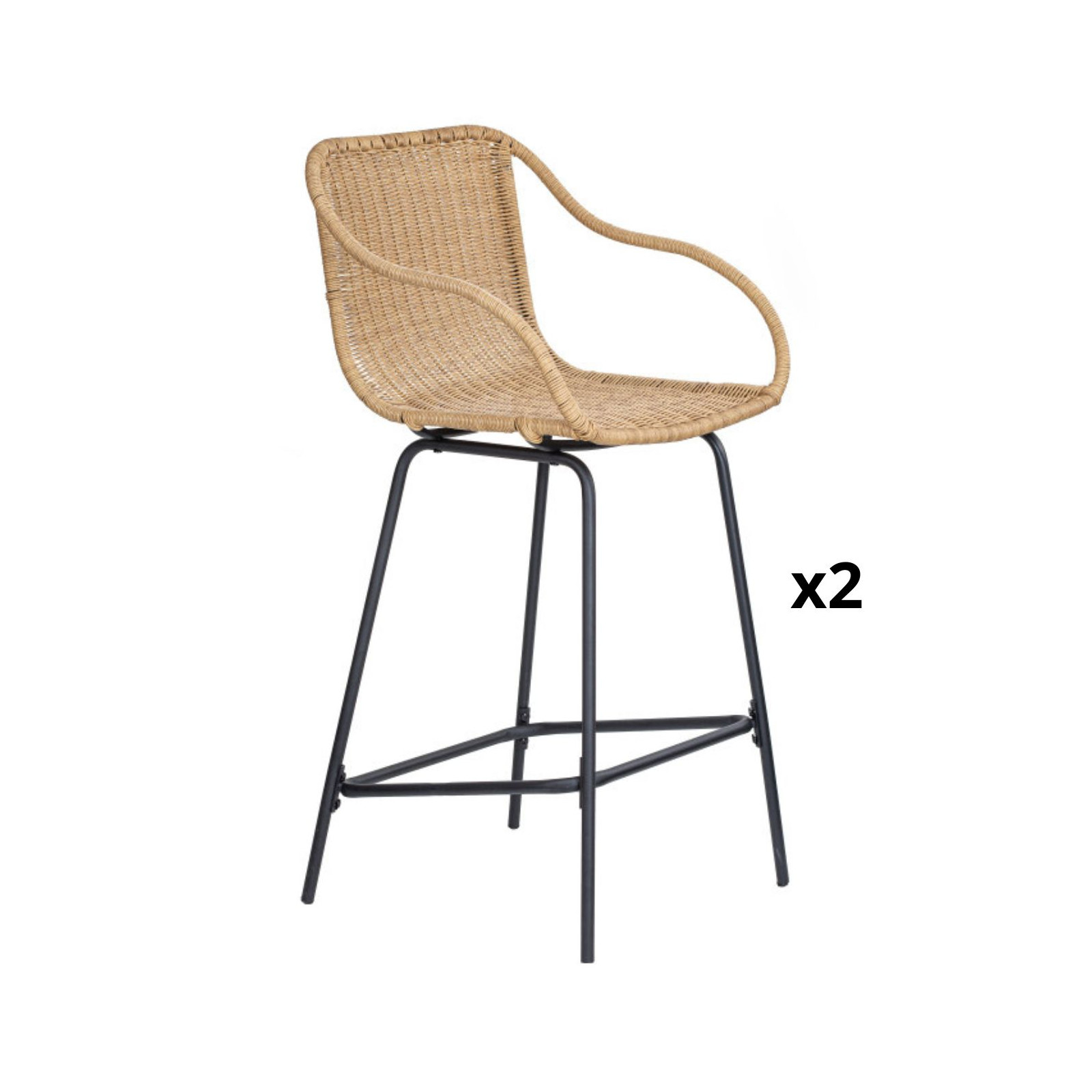 Lot de 2 chaises d'îlot en rotin et pieds métal 65 cm MOOREA