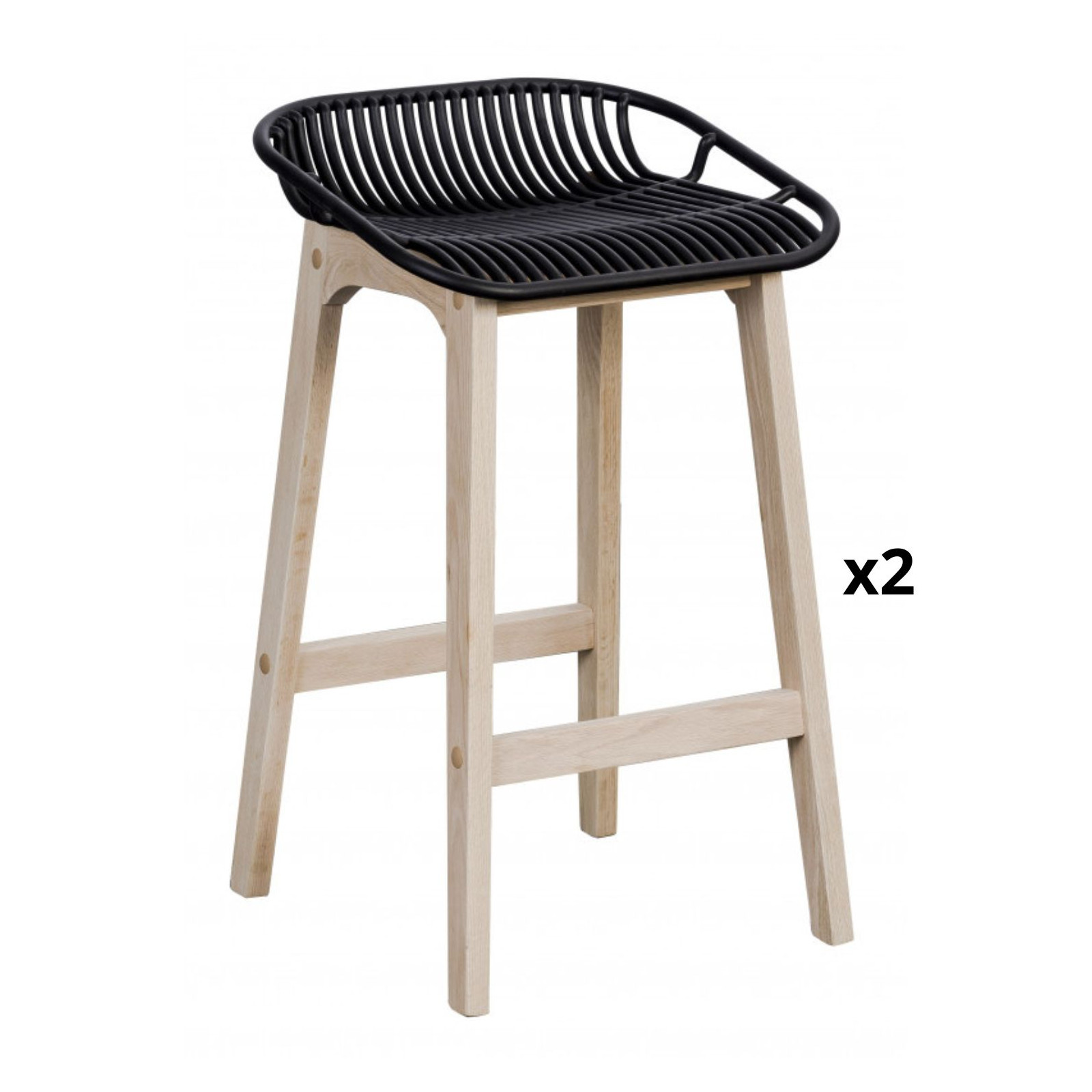 Lot de 2 tabourets de bar assise noire et pieds en chêne 65 cm MALMO