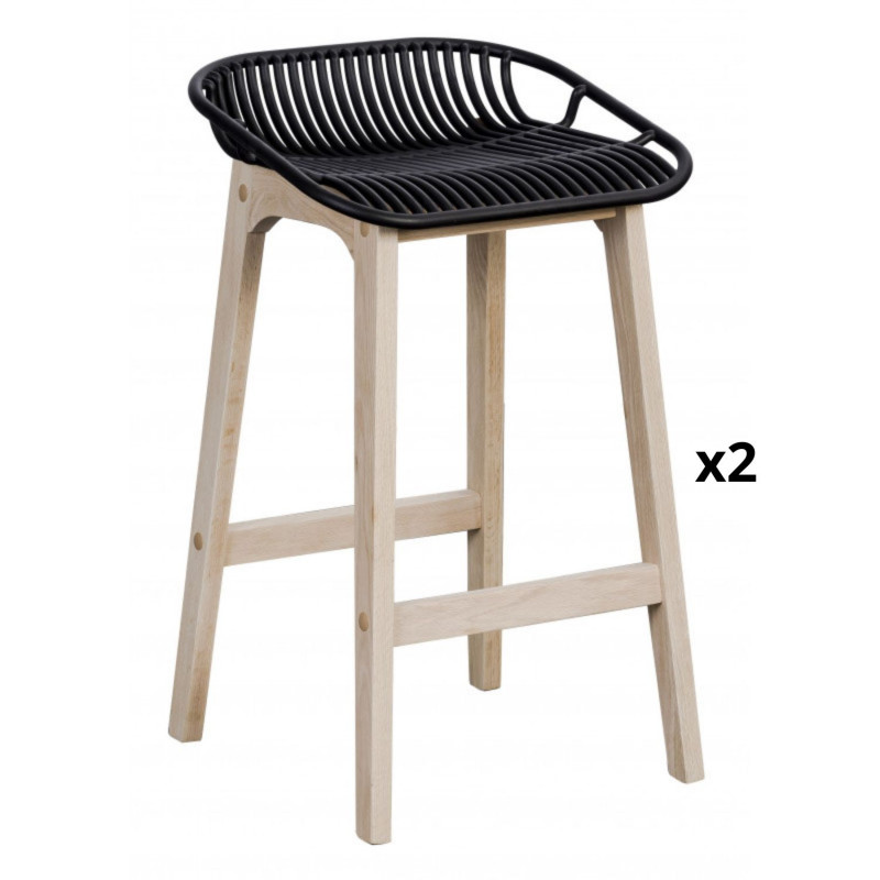 Lot de 2 tabourets de bar assise noire et pieds en chêne 65 cm MALMO