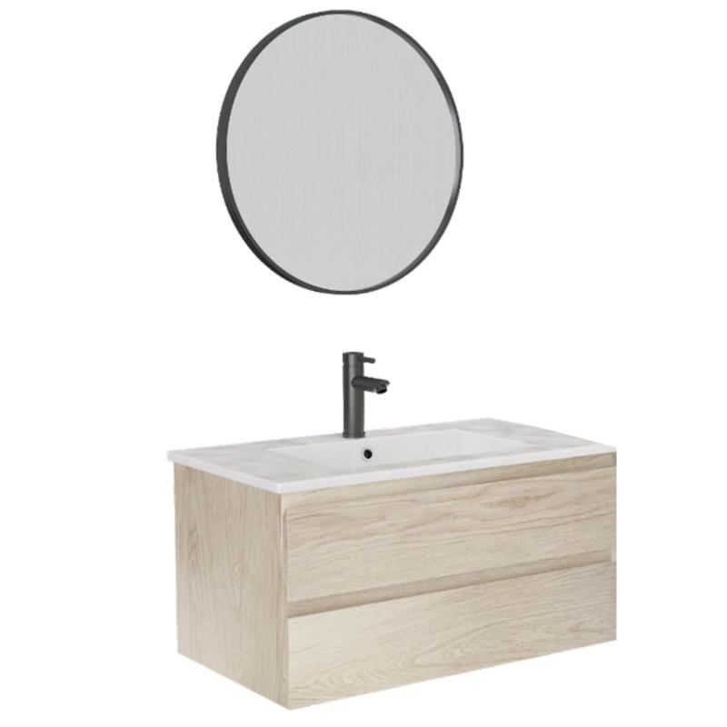 Ensemble meuble de salle de bain SORRENTO 80cm avec robinet noir et miroir