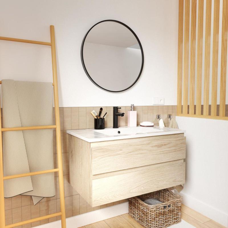 Ensemble meuble de salle de bain SORRENTO 80cm avec robinet noir et miroir