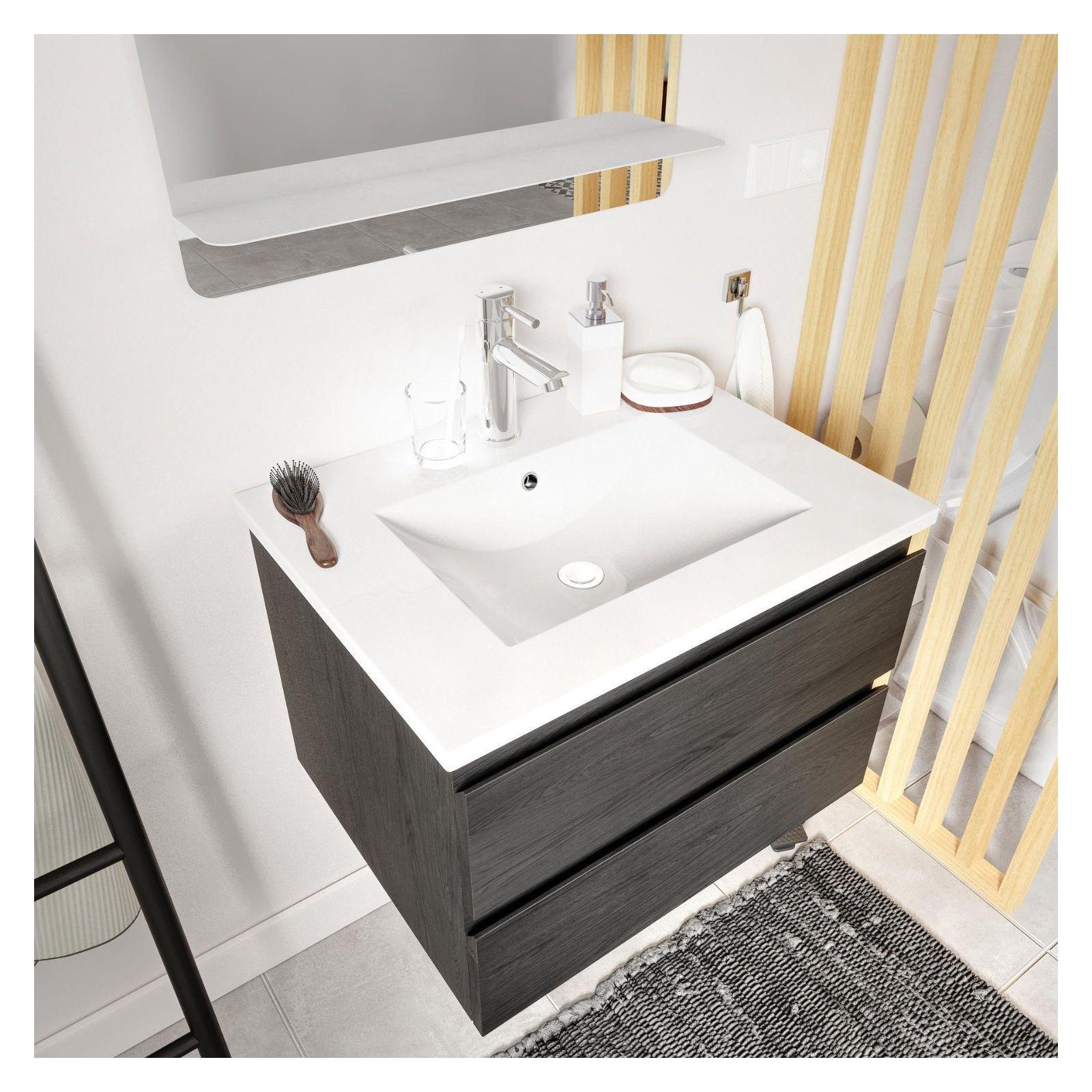 Ensemble meuble simple vasque décor chêne carbone 60cm + vasque + robinet