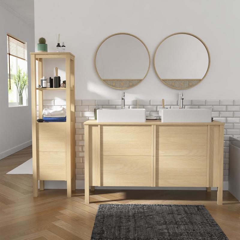 Ensemble meuble double vasque chêne portes lisses 130 cm + vasque + robinet + miroir + colonne
