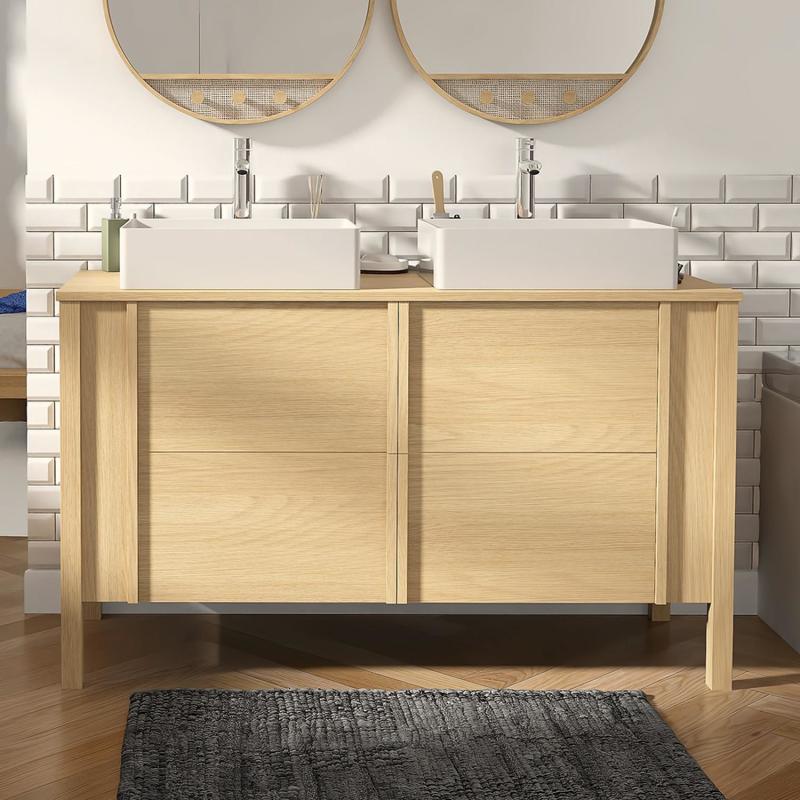 Ensemble meuble double vasque chêne portes lisses 130 cm + vasque