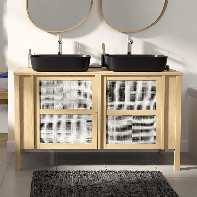 Ensemble meuble double vasque chêne portes cannage 130 cm + vasque