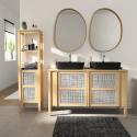Ensemble meuble double vasque chêne portes cannage 130 cm + vasque + robinet + miroir + colonne