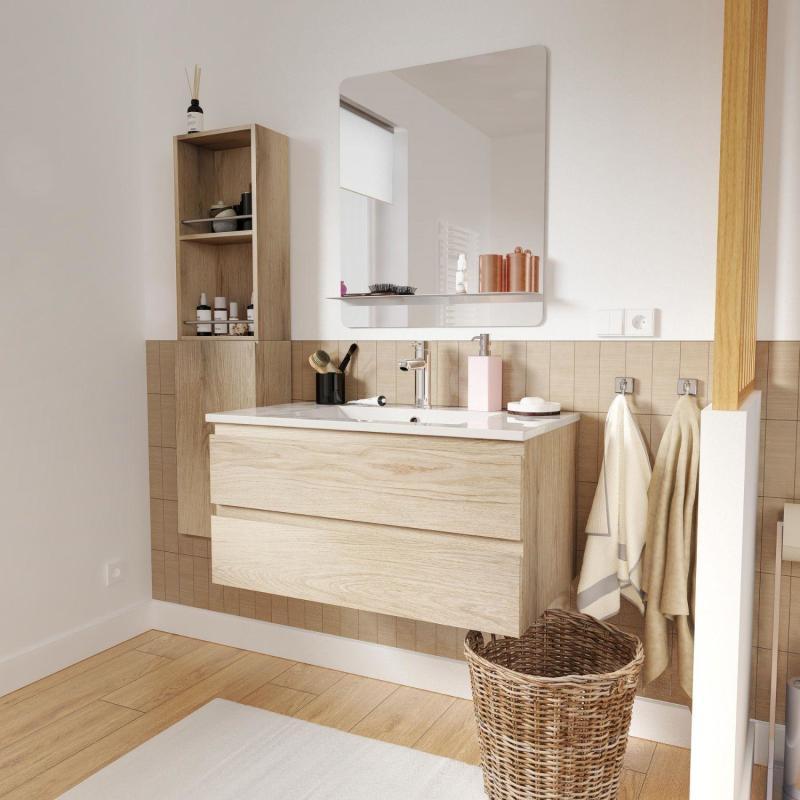 Ensemble meuble simple vasque décor chêne 80cm + vasque + robinet + miroir + colonne