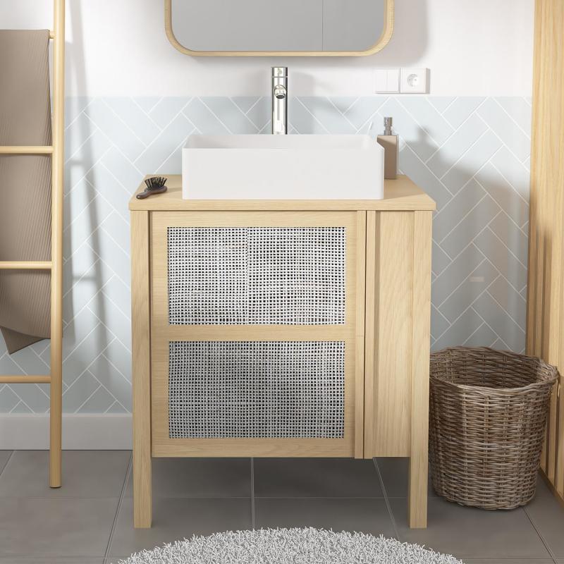Ensemble meuble simple vasque chêne porte cannage 70 cm + vasque