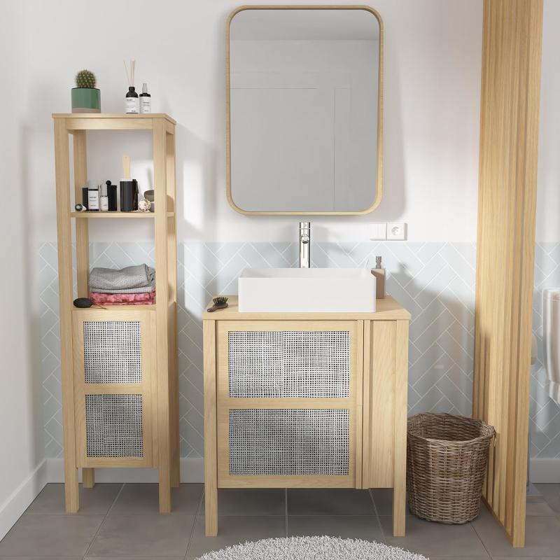 Ensemble meuble simple vasque chêne porte cannage 70 cm + vasque + robinet + miroir + colonne