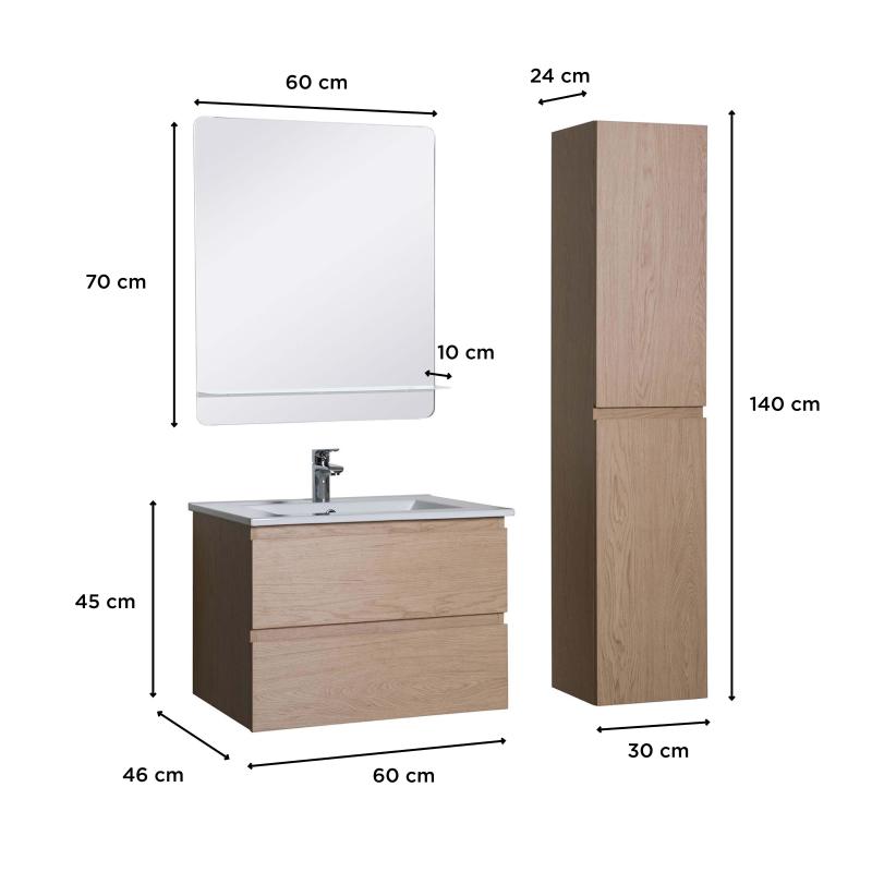 Ensemble meuble simple vasque décor chêne 60cm + vasque + miroir + colonne