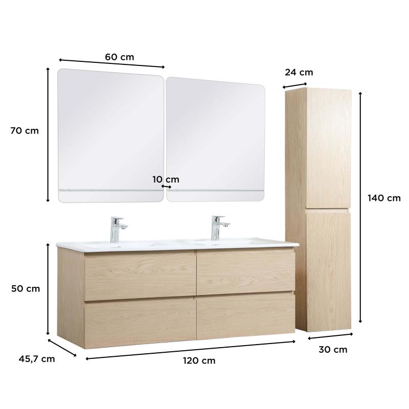 Ensemble meuble double vasque décor chêne 120cm + vasque + 2 miroirs + colonne