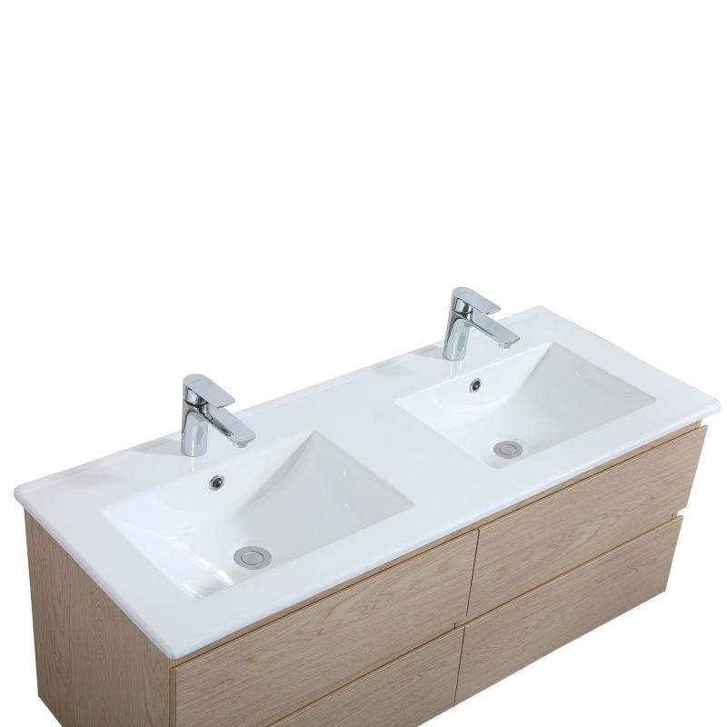 Ensemble meuble double vasque décor chêne 120cm + vasque + 2 miroirs + colonne