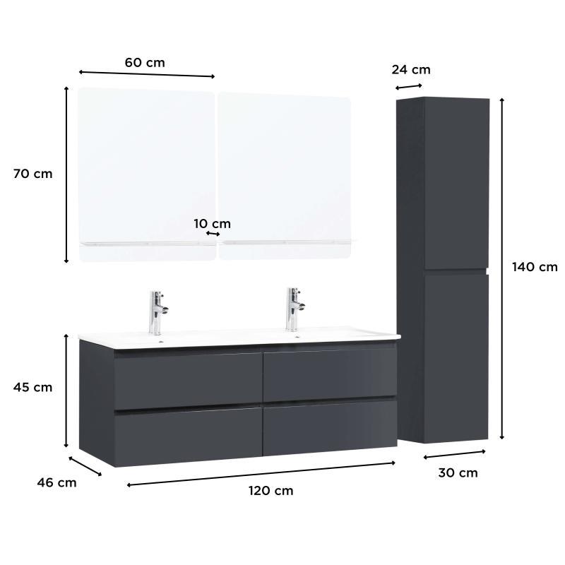 Ensemble meuble double vasque noir carbone 120cm + vasque + 2 miroirs + colonne
