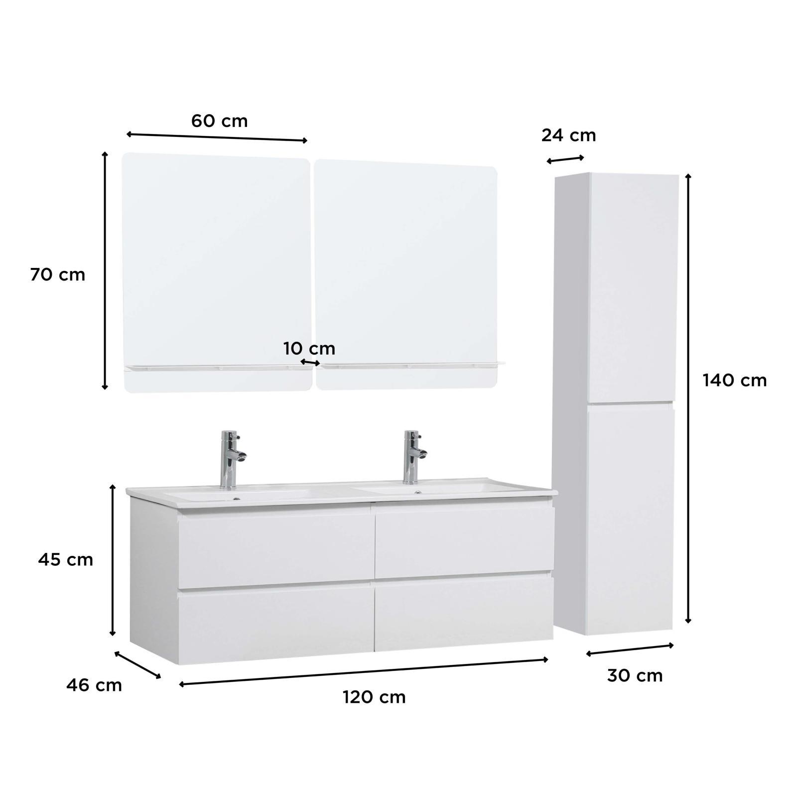 Ensemble meuble double vasque blanc  120cm + vasque + 2 miroirs + 2 robinets chromés + colonne