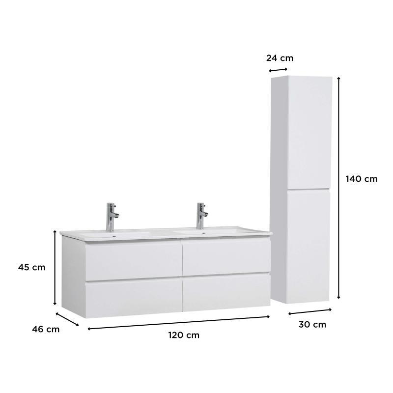 Ensemble meuble double vasque blanc  120cm  + vasque + colonne