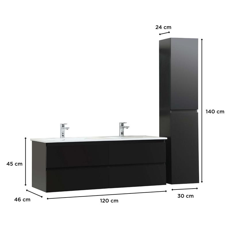 Ensemble meuble double vasque noir carbone 120cm + vasque + colonne
