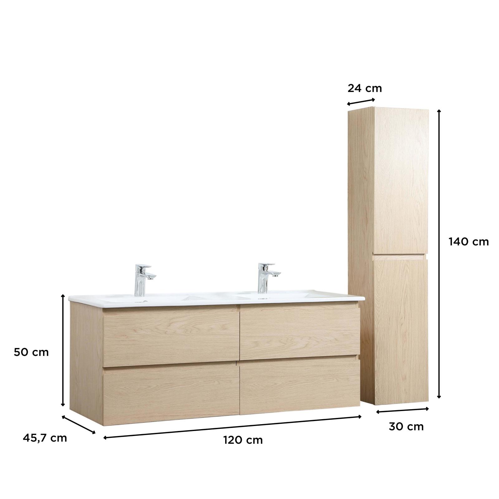 Ensemble meuble double vasque décor chêne  120cm  + vasque + colonne