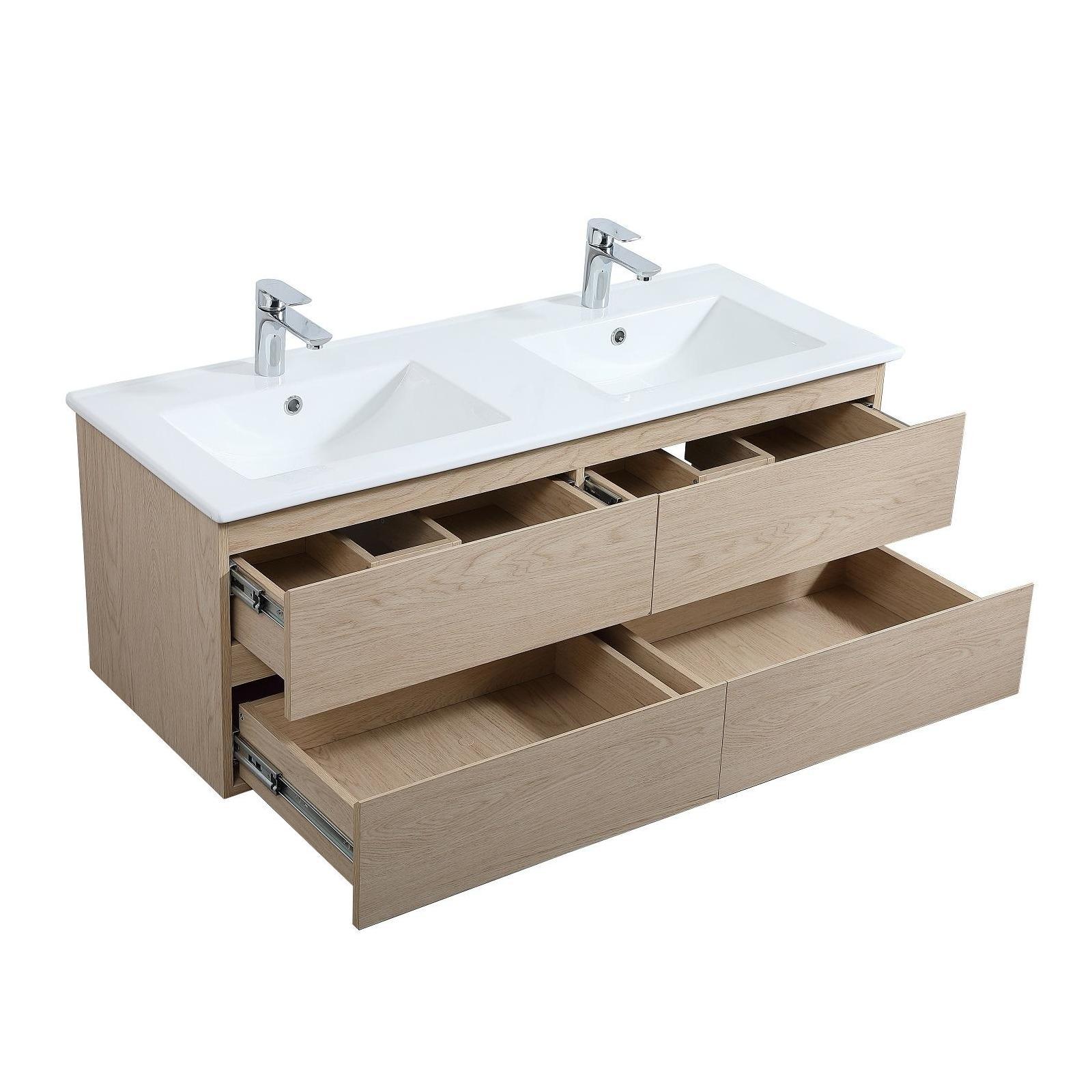 Ensemble meuble double vasque décor chêne  120cm  + plan double vasque + 2 miroirs