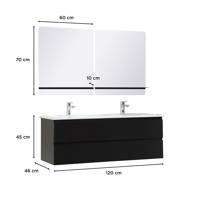 Ensemble meuble double vasque noir carbone 120cm + plan double vasque + 2 miroirs
