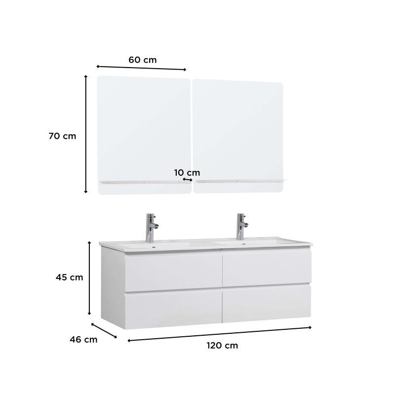 Ensemble meuble double vasque blanc 120cm + plan double vasque + 2 miroirs