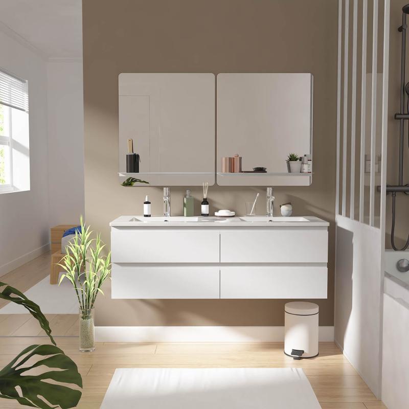 Ensemble meuble double vasque blanc 120cm + plan double vasque + 2 miroirs