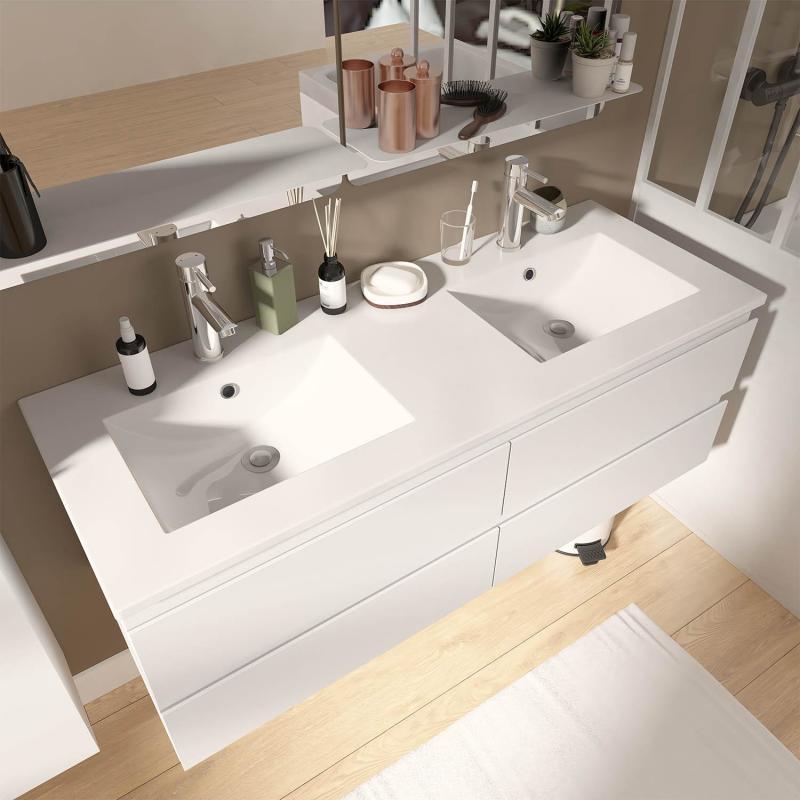Ensemble meuble double vasque blanc 120cm + plan double vasque + 2 miroirs