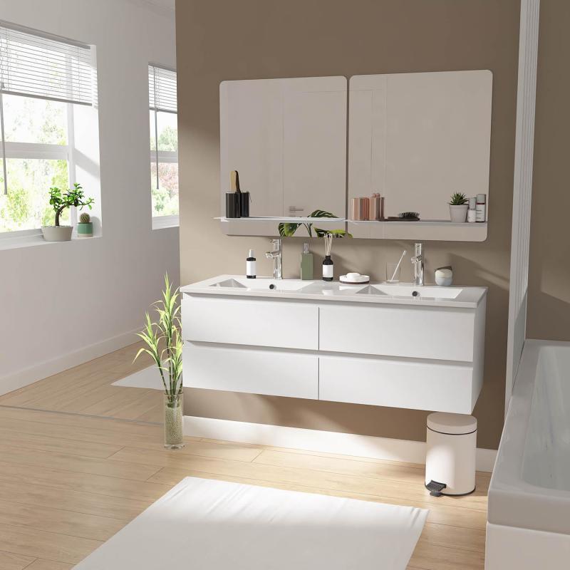 Ensemble meuble double vasque blanc 120cm + plan double vasque + 2 miroirs