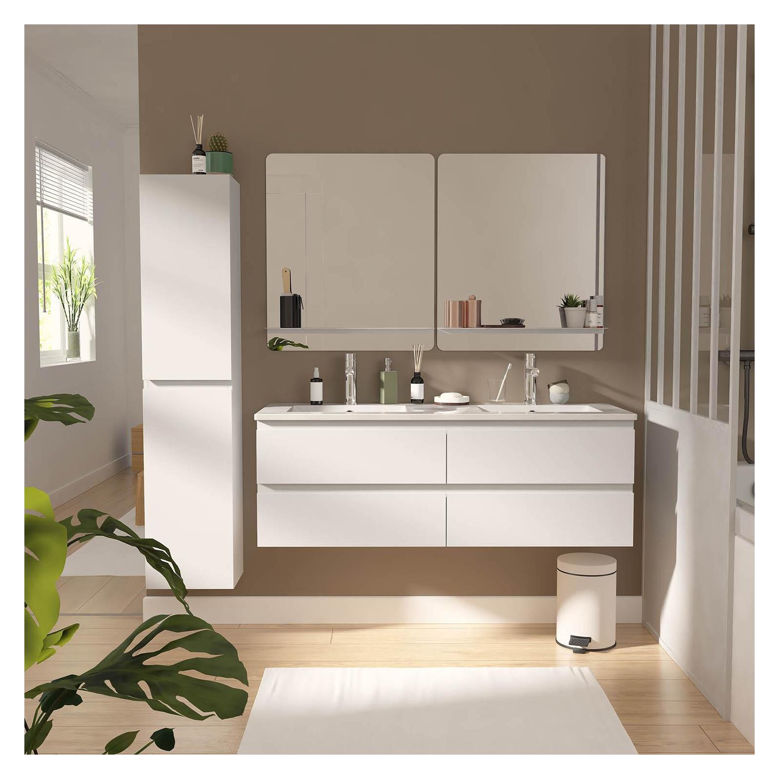 Ensemble meuble double vasque blanc  120cm + vasque + 2 miroirs + 2 robinets chromés + colonne