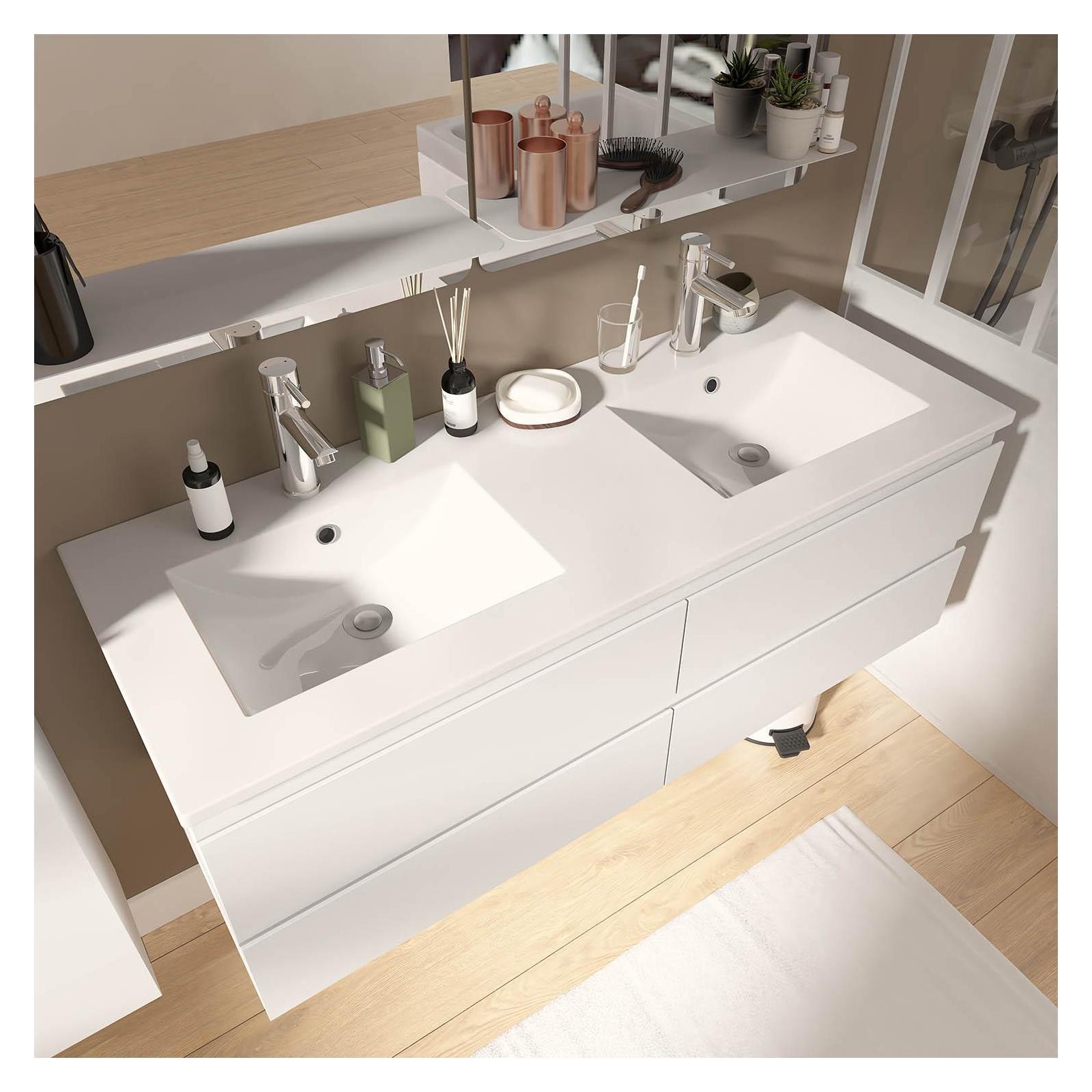 Ensemble meuble double vasque blanc  120cm + vasque + 2 miroirs + 2 robinets chromés + colonne