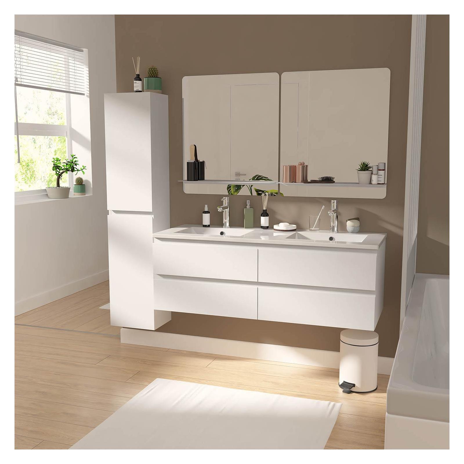 Ensemble meuble double vasque blanc  120cm + vasque + 2 miroirs + 2 robinets chromés + colonne
