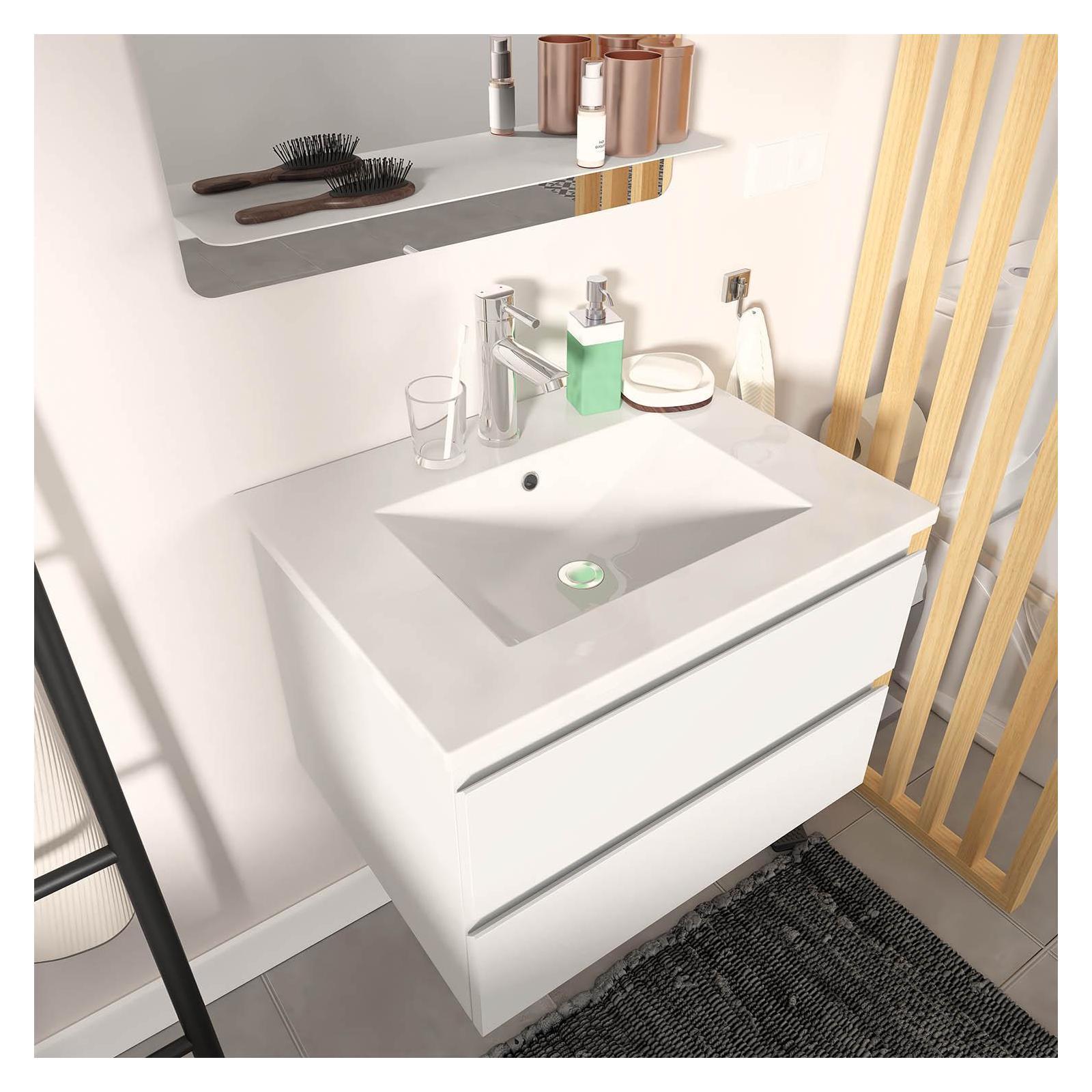 Ensemble meuble simple vasque blanc  60cm + vasque + miroir + colonne